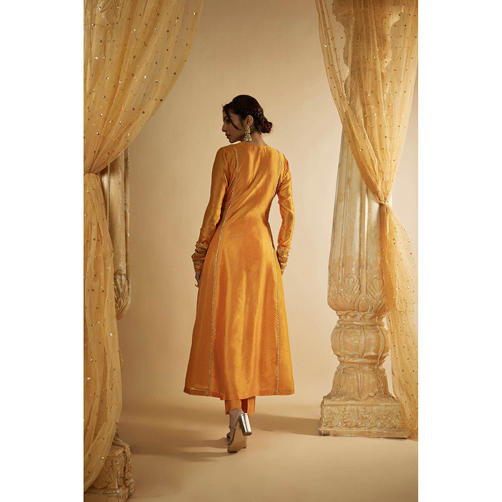 THE AARYA Orange Chanderi Zardozi Embroidered Anarkali Kurta with Pant & Dupatta (Set of 3)
