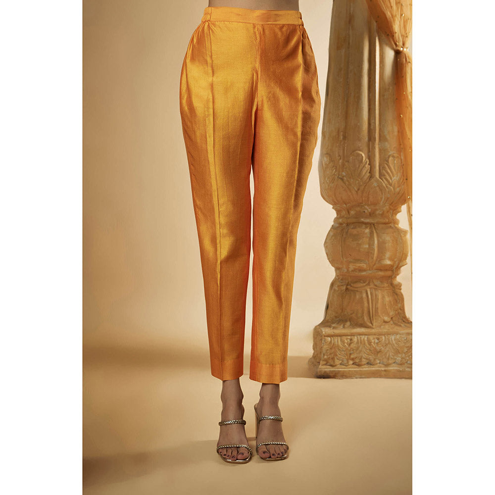 THE AARYA Orange Chanderi Zardozi Embroidered Anarkali Kurta with Pant & Dupatta (Set of 3)