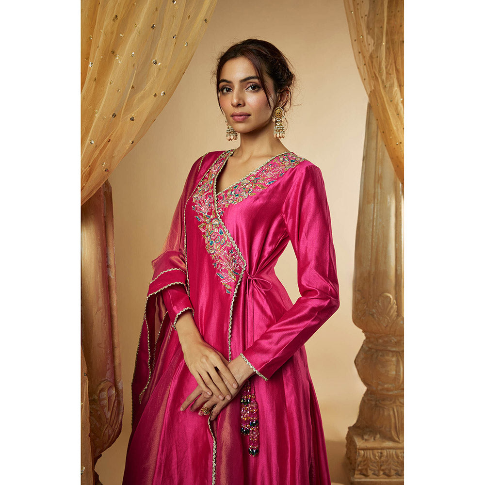 THE AARYA Pink Chanderi Zardozi Embroidered Angarkha Kurta with Palazzo & Dupatta (Set of 3)