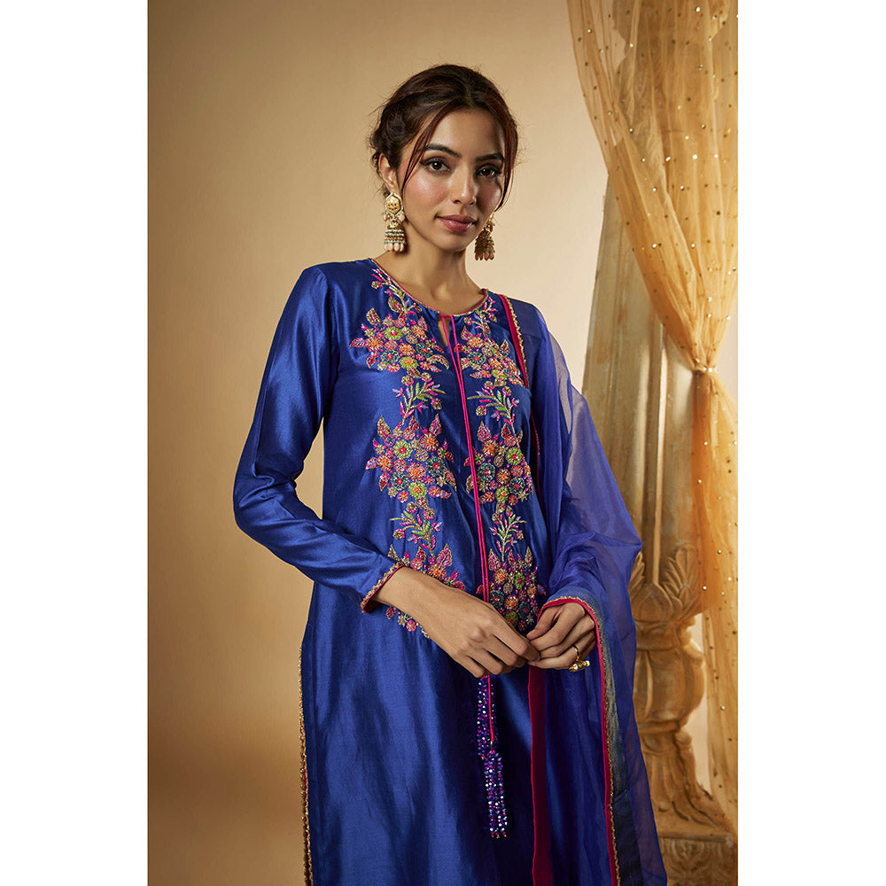 THE AARYA Ink Blue Chanderi Zardozi Embroidered Kurta with Pant and Dupatta (Set of 3)