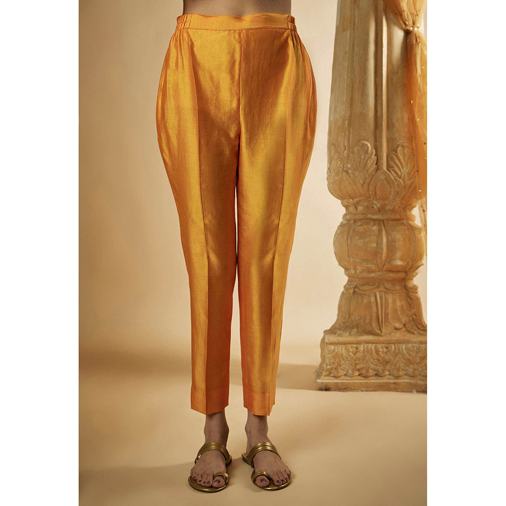 THE AARYA Light Orange Chanderi Lace Work Embroidered Kurta with Pant & Dupatta (Set of 3)