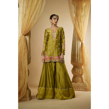 THE AARYA Olive Green Chanderi Zardozi Embroidered Kurta with Sharara & Dupatta (Set of 3)