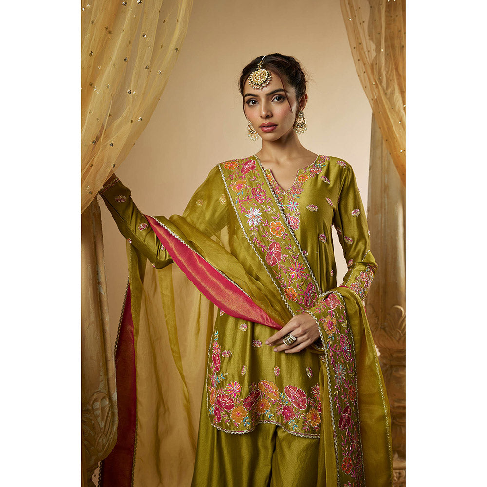 THE AARYA Olive Green Chanderi Zardozi Embroidered Kurta with Sharara & Dupatta (Set of 3)
