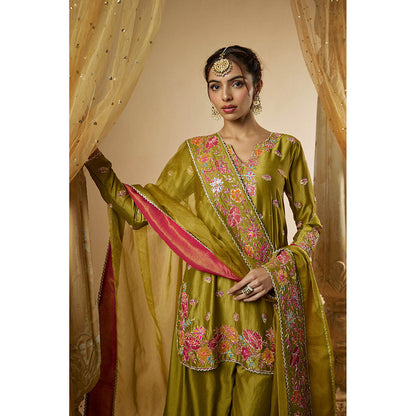 THE AARYA Olive Green Chanderi Zardozi Embroidered Kurta with Sharara & Dupatta (Set of 3)