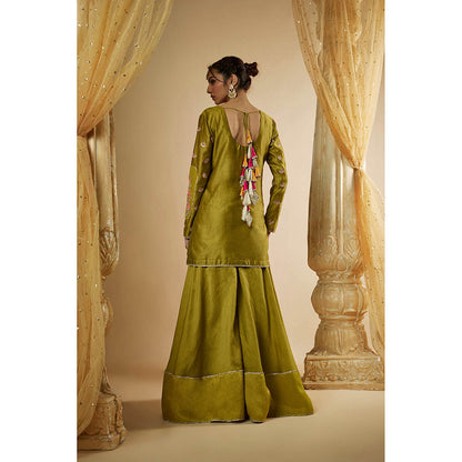 THE AARYA Olive Green Chanderi Zardozi Embroidered Kurta with Sharara & Dupatta (Set of 3)