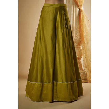 THE AARYA Olive Green Chanderi Zardozi Embroidered Kurta with Sharara & Dupatta (Set of 3)