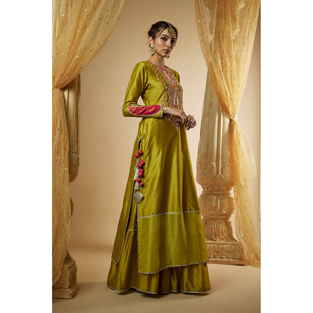 THE AARYA Olive Green Chanderi Zardozi Embroidered Kurta with Sharara & Dupatta (Set of 3)