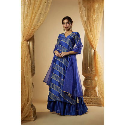 THE AARYA Ink Blue Chanderi Lace Work Colorblock Kurta with Sharara and Dupatta (Set of 3)