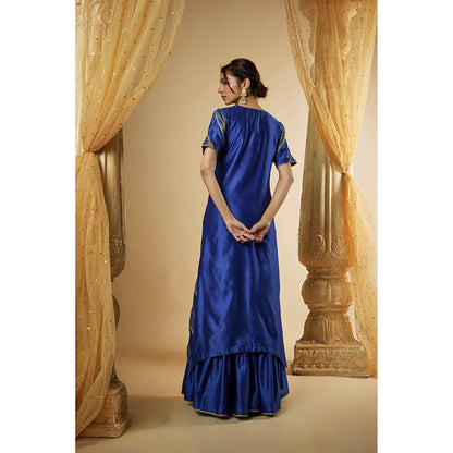 THE AARYA Ink Blue Chanderi Lace Work Colorblock Kurta with Sharara and Dupatta (Set of 3)