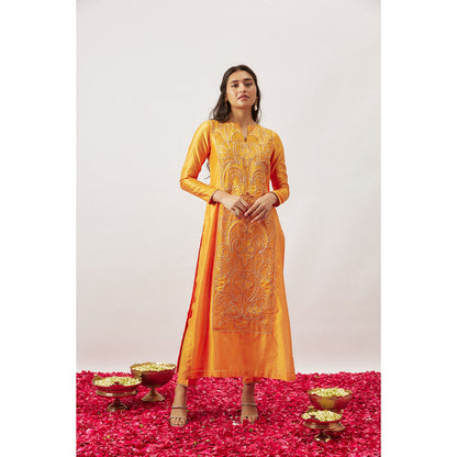 THE AARYA Orange Handwoven Chanderi Kurta with Pant and Dupatta (Set of 3)