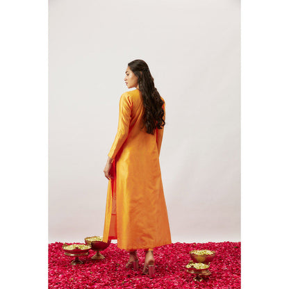 THE AARYA Orange Handwoven Chanderi Kurta with Pant and Dupatta (Set of 3)