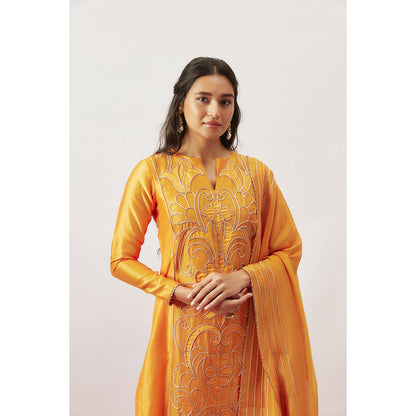 THE AARYA Orange Handwoven Chanderi Kurta with Pant and Dupatta (Set of 3)