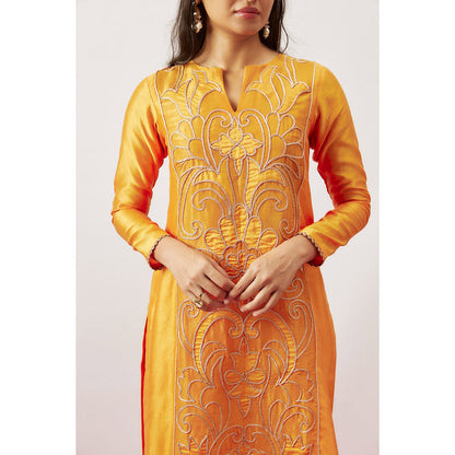 THE AARYA Orange Handwoven Chanderi Kurta with Pant and Dupatta (Set of 3)