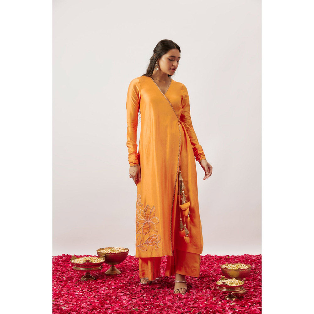 THE AARYA Orange Handwoven Angarkha with Palazzo and Dupatta (Set of 3)