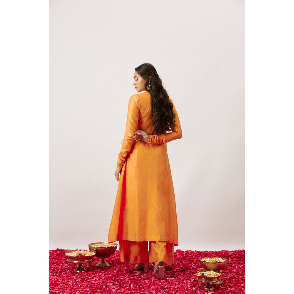 THE AARYA Orange Handwoven Angarkha with Palazzo and Dupatta (Set of 3)