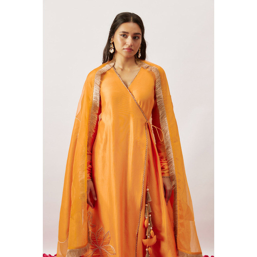 THE AARYA Orange Handwoven Angarkha with Palazzo and Dupatta (Set of 3)