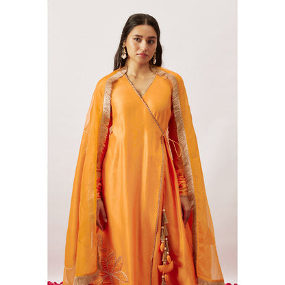 THE AARYA Orange Handwoven Angarkha with Palazzo and Dupatta (Set of 3)
