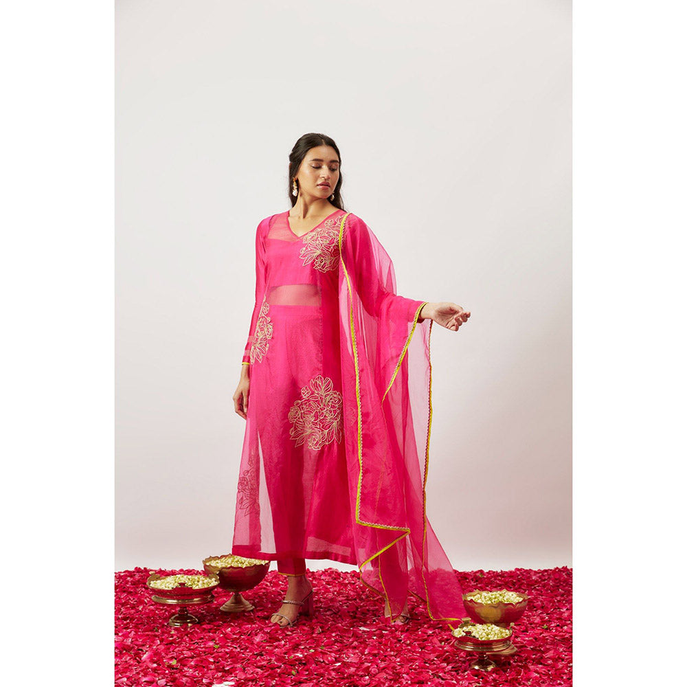 THE AARYA Pink Handwoven Kurta with Pant and Dupatta (Set of 3)