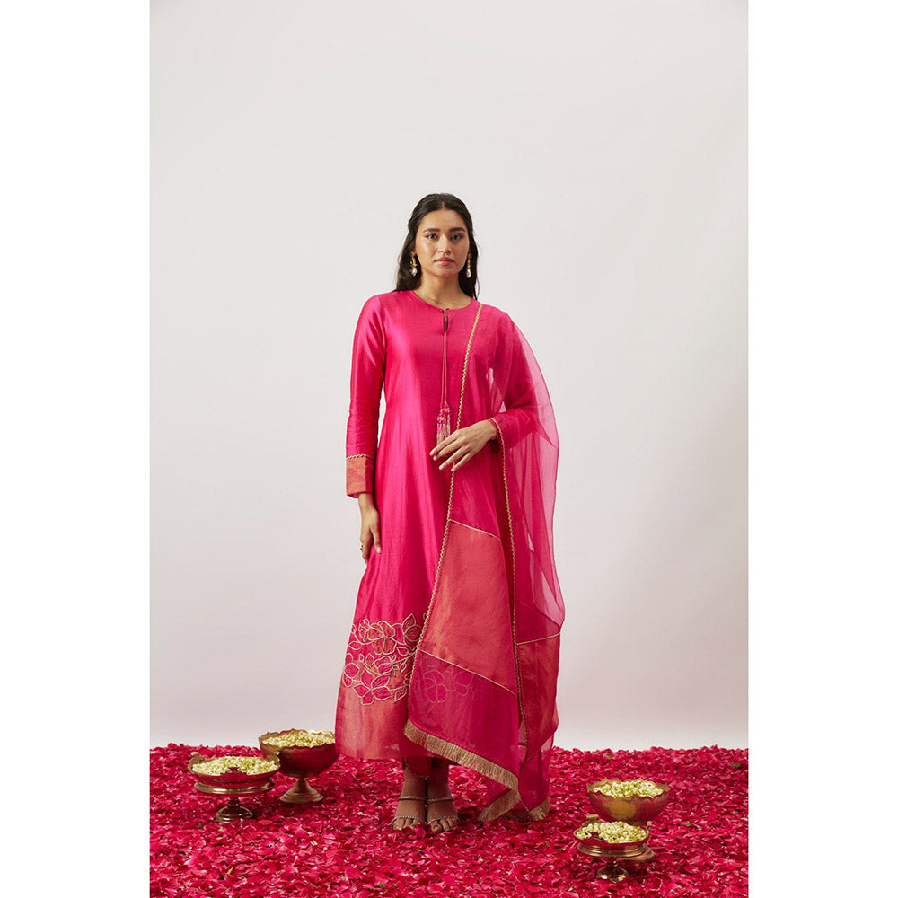 THE AARYA Pink Handwoven Anarkali with Pant and Dupatta (Set of 3)