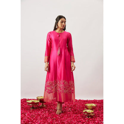 THE AARYA Pink Handwoven Anarkali with Pant and Dupatta (Set of 3)