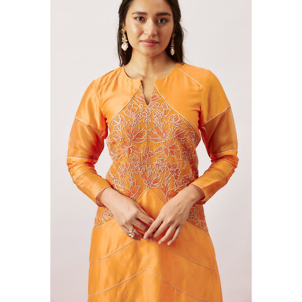 THE AARYA Orange Handwoven Anarkali with Pant and Dupatta (Set of 3)