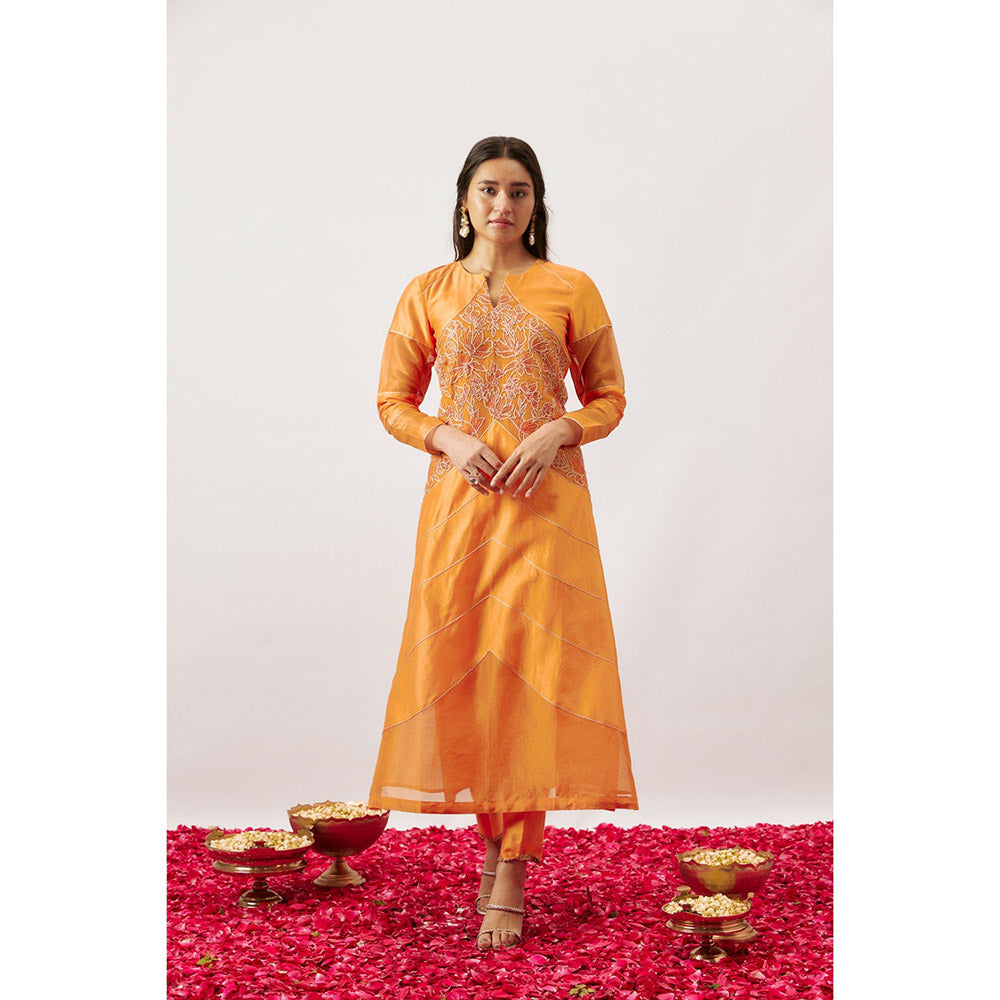 THE AARYA Orange Handwoven Anarkali with Pant and Dupatta (Set of 3)