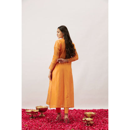 THE AARYA Orange Handwoven Anarkali with Pant and Dupatta (Set of 3)