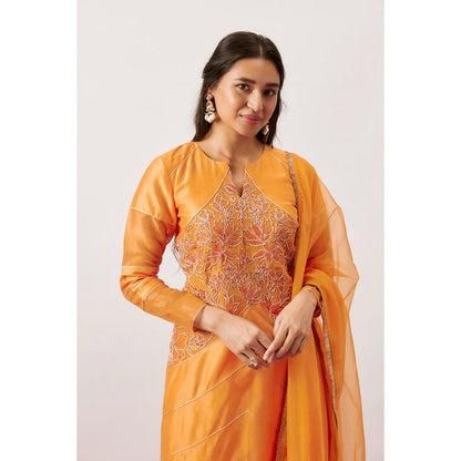 THE AARYA Orange Handwoven Anarkali with Pant and Dupatta (Set of 3)