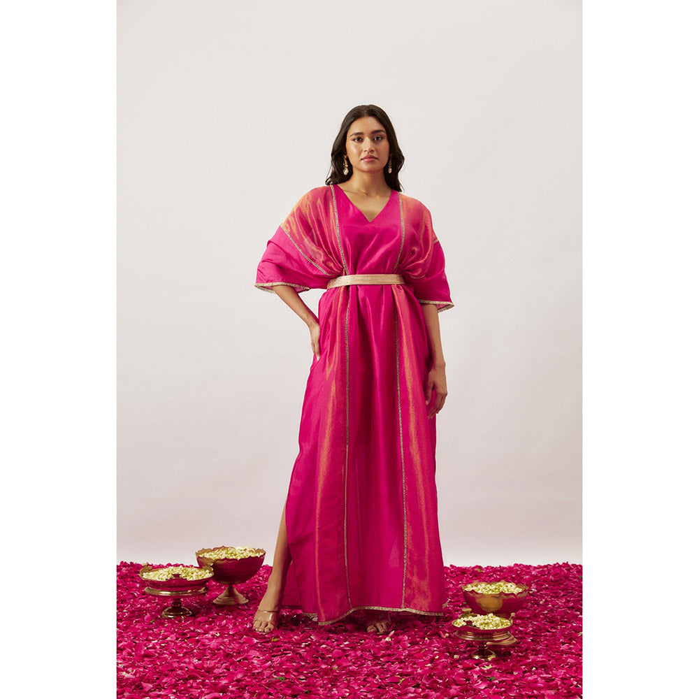 THE AARYA Pink Handwoven Chanderi Kaftan with Belt (Set of 2)