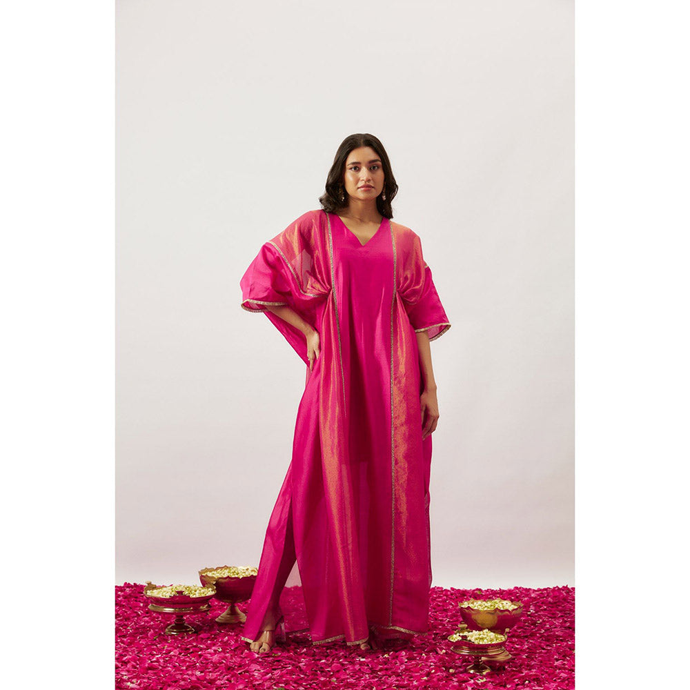 THE AARYA Pink Handwoven Chanderi Kaftan with Belt (Set of 2)