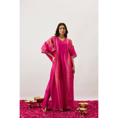 THE AARYA Pink Handwoven Chanderi Kaftan with Belt (Set of 2)