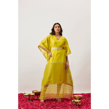 THE AARYA Yellow Handwoven Chanderi Kaftan with Belt (Set of 2)