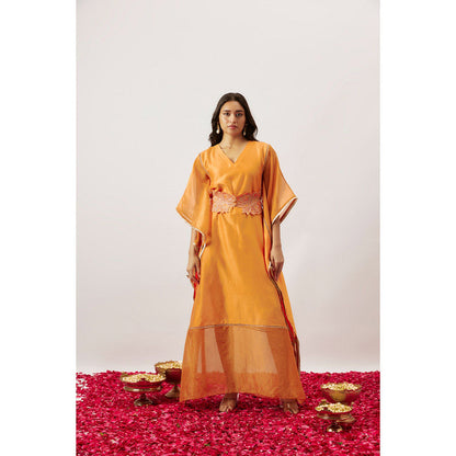 THE AARYA Orange Handwoven Chanderi Kaftan with Slip (Set of 2)