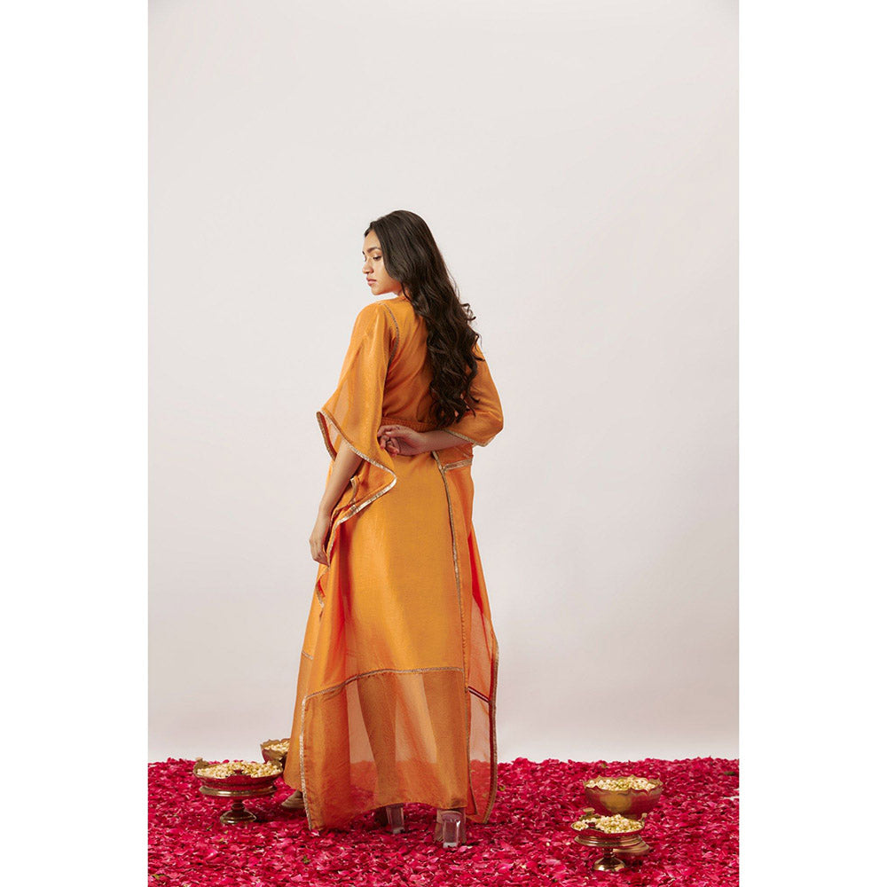 THE AARYA Orange Handwoven Chanderi Kaftan with Slip (Set of 2)