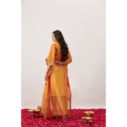 THE AARYA Orange Handwoven Chanderi Kaftan with Slip (Set of 2)