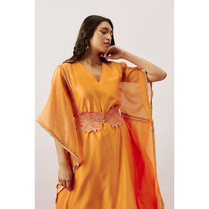THE AARYA Orange Handwoven Chanderi Kaftan with Slip (Set of 2)