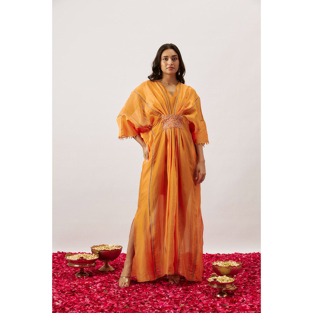 THE AARYA Orange Handwoven Chanderi Kaftan with Slip (Set of 2)
