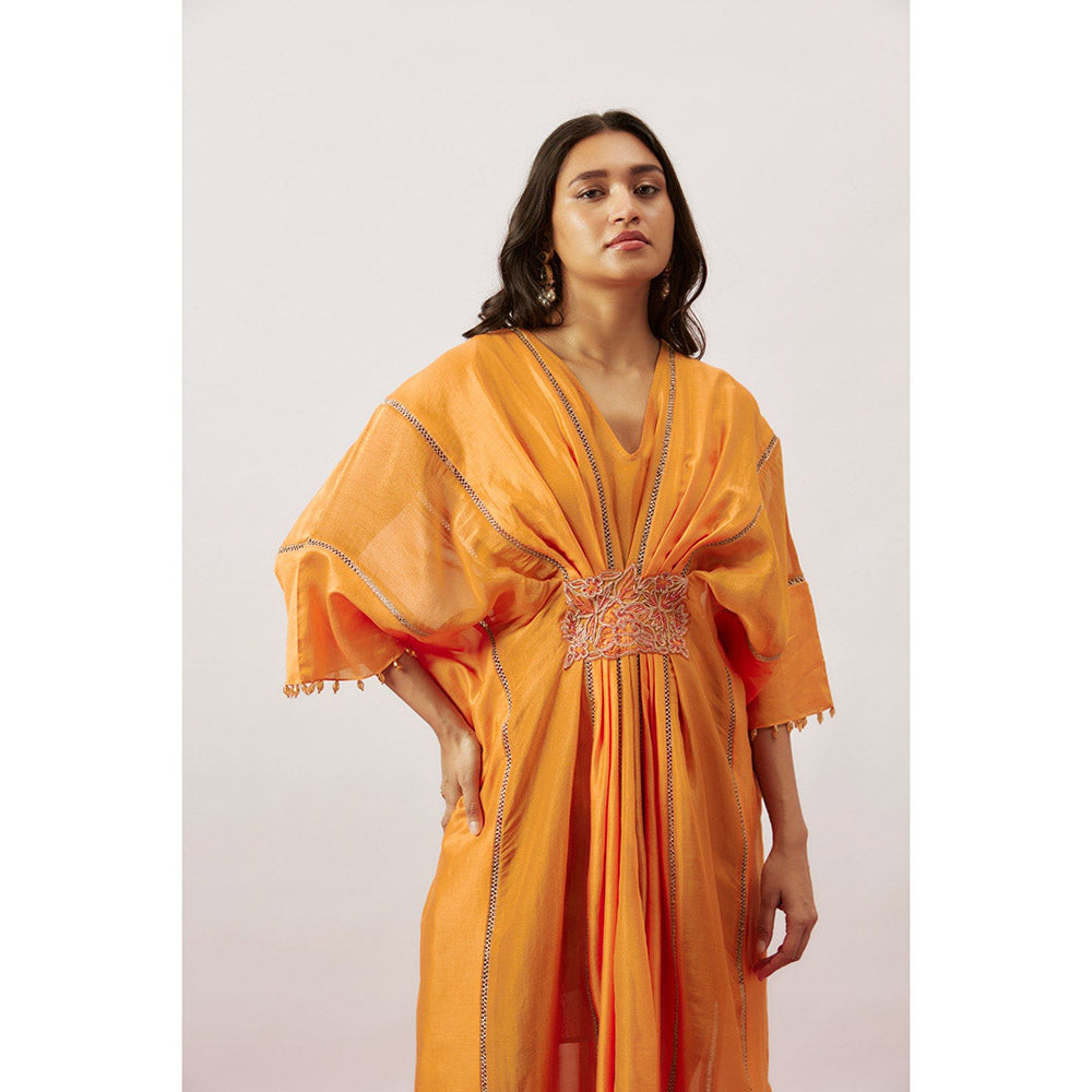 THE AARYA Orange Handwoven Chanderi Kaftan with Slip (Set of 2)