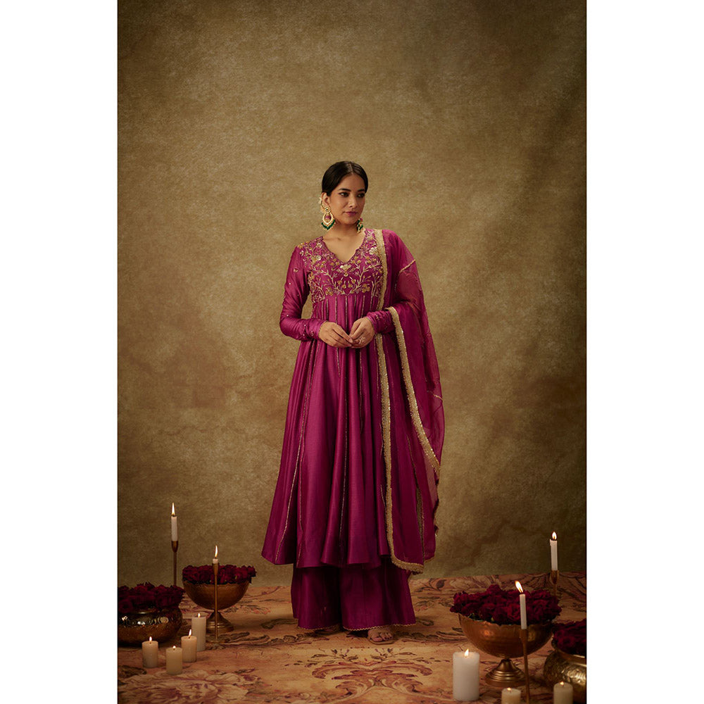 THE AARYA Gul Magenta Embroidered Anarkali Kurta with Palazzo and Dupatta (Set of 3)