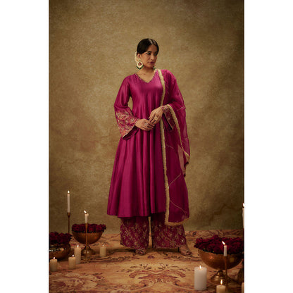 THE AARYA Sahar Magenta Embroidered Anarkali Kurta with Palazzo and Dupatta (Set of 3)
