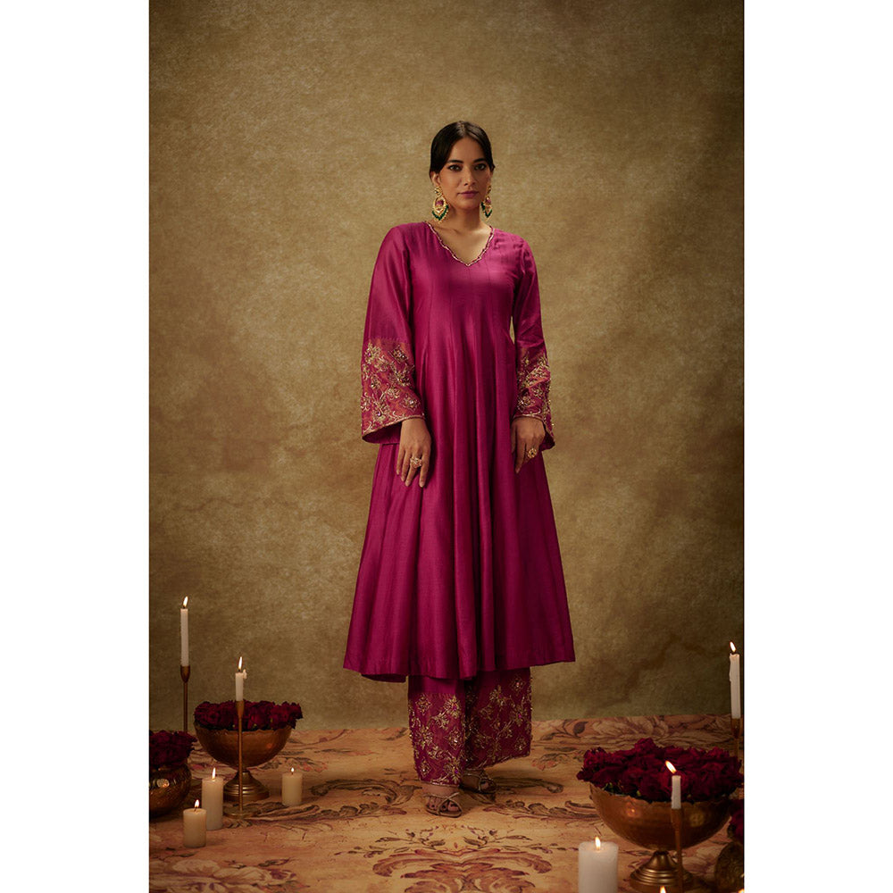 THE AARYA Sahar Magenta Embroidered Anarkali Kurta with Palazzo and Dupatta (Set of 3)