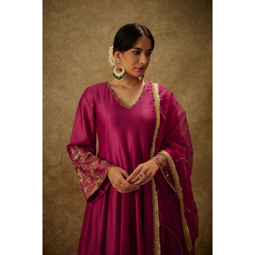 THE AARYA Sahar Magenta Embroidered Anarkali Kurta with Palazzo and Dupatta (Set of 3)