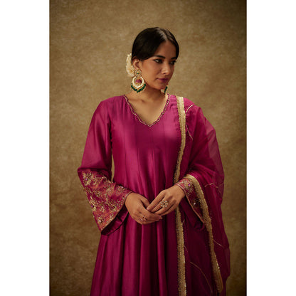THE AARYA Sahar Magenta Embroidered Anarkali Kurta with Palazzo and Dupatta (Set of 3)