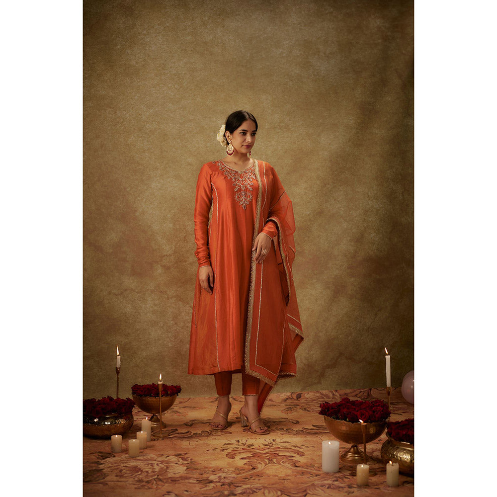 THE AARYA Haya Orange Embroidered Anarkali Kurta with Pant and Dupatta (Set of 3)