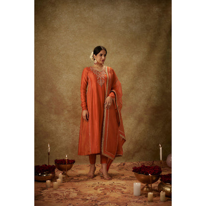 THE AARYA Haya Orange Embroidered Anarkali Kurta with Pant and Dupatta (Set of 3)