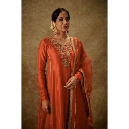THE AARYA Haya Orange Embroidered Anarkali Kurta with Pant and Dupatta (Set of 3)