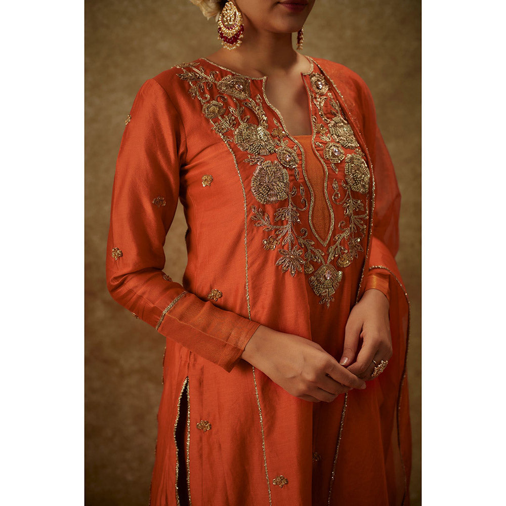 THE AARYA Yura Orange Embroidered Kurta with Palazzo and Dupatta (Set of 3)