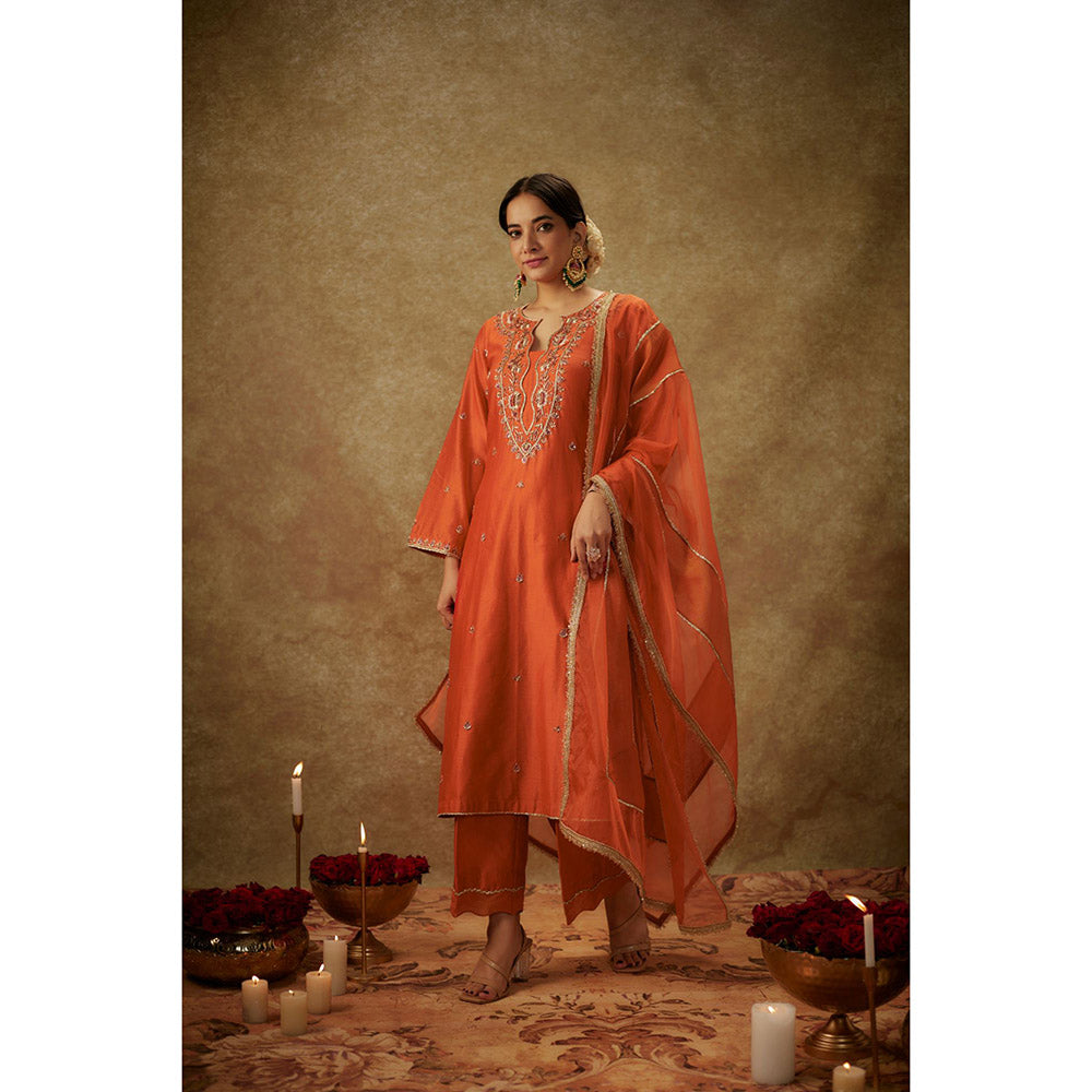 THE AARYA Gulyaz Orange Embroidered Kurta with Pant and Dupatta (Set of 3)