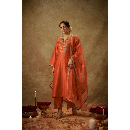THE AARYA Gulyaz Orange Embroidered Kurta with Pant and Dupatta (Set of 3)