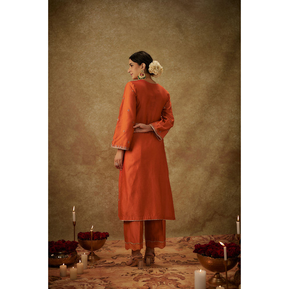 THE AARYA Gulyaz Orange Embroidered Kurta with Pant and Dupatta (Set of 3)